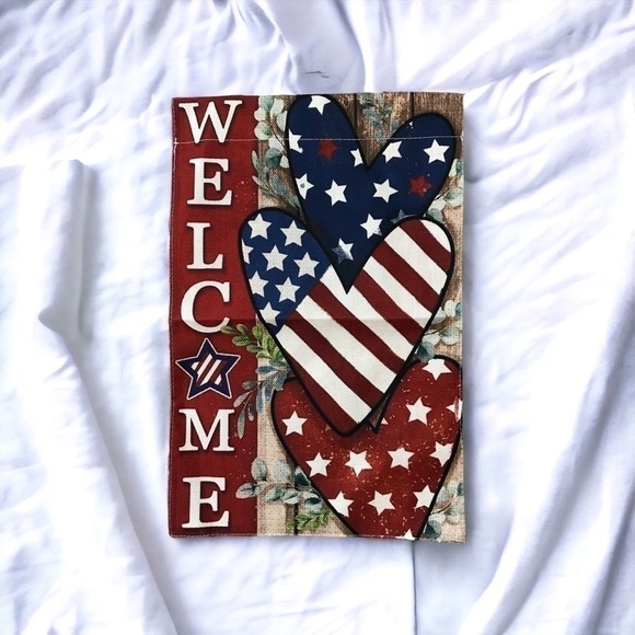 American Burlap Garden Flag Welcome Hearts Stars Stripes Patriotic 4th O… - Picture 1 of 3